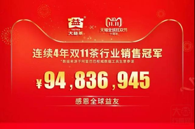 1天里，销量9000万！大益茶连续4年荣居天猫双11茶行业销售冠军